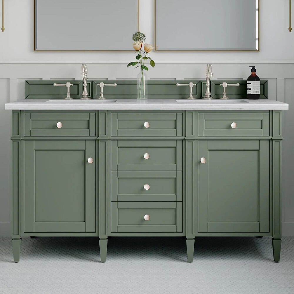 James Martin Vanities Brittany 60&quot; Double Bathroom Vanity in Smokey Celadon with 3 cm Arctic Fall Solid Surface Top and Rectangular Sinks, , large