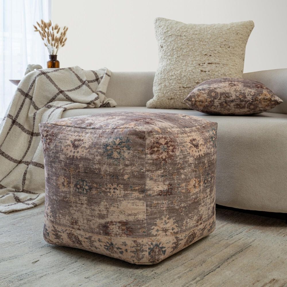LR Home 18" Square Floral Pouf in Taupe, , large
