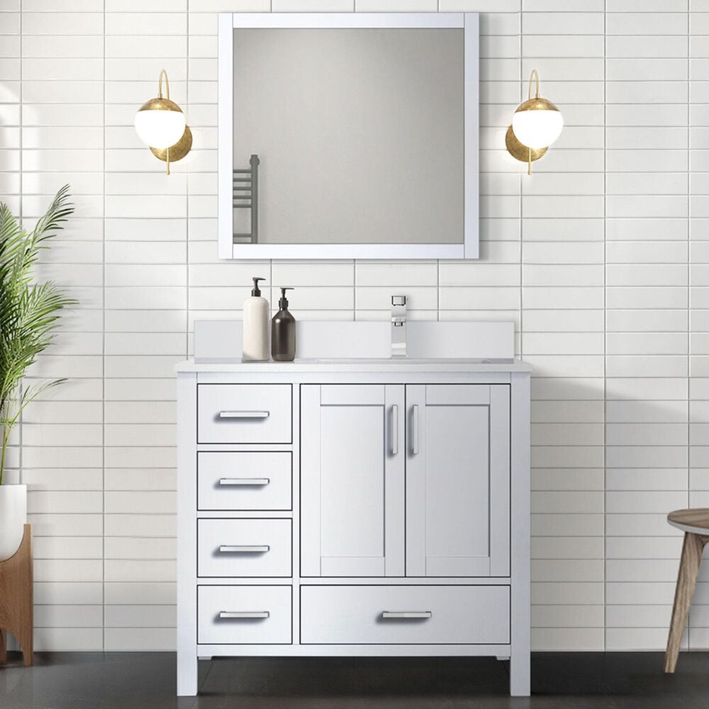 Lexora Home Jacques 36&quot; Right Offset Single Bathroom Vanity in Distressed Grey with 2 cm White Quartz Top, Rectangular Sink and 34&quot; Mirror, , large