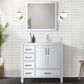Lexora Home Jacques 36" Right Offset Single Bathroom Vanity in Distressed Grey with 2 cm White Quartz Top, Rectangular Sink and 34" Mirror, , large