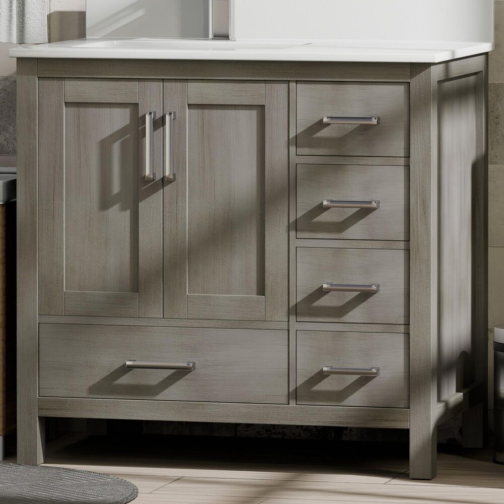 Lexora Home Jacques 36" Left Offset Single Bathroom Vanity in Distressed Grey with 2 cm White Cultured Marble Top and Rectangular Sink, , large