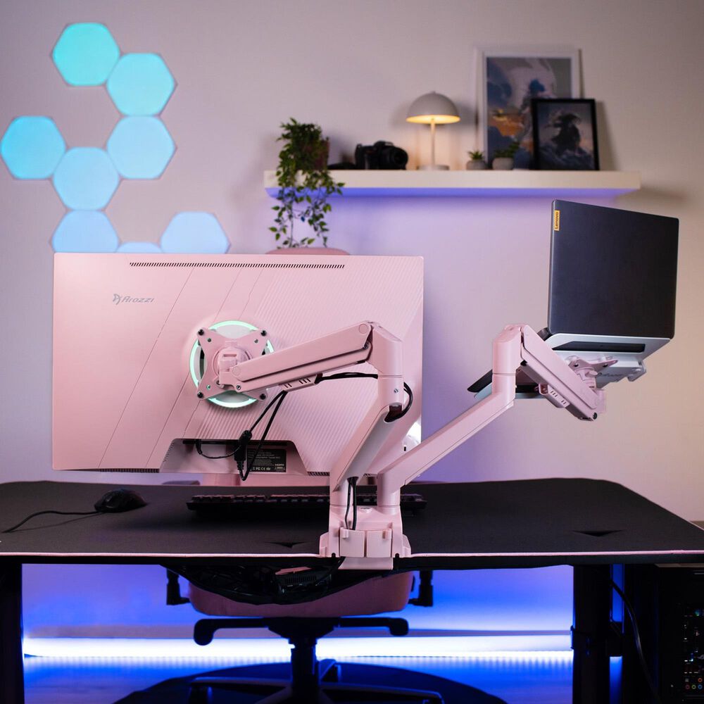 Arozzi Alzare Neo Duo Dual Arm Gas Spring Monitor Arm in Pink, , large