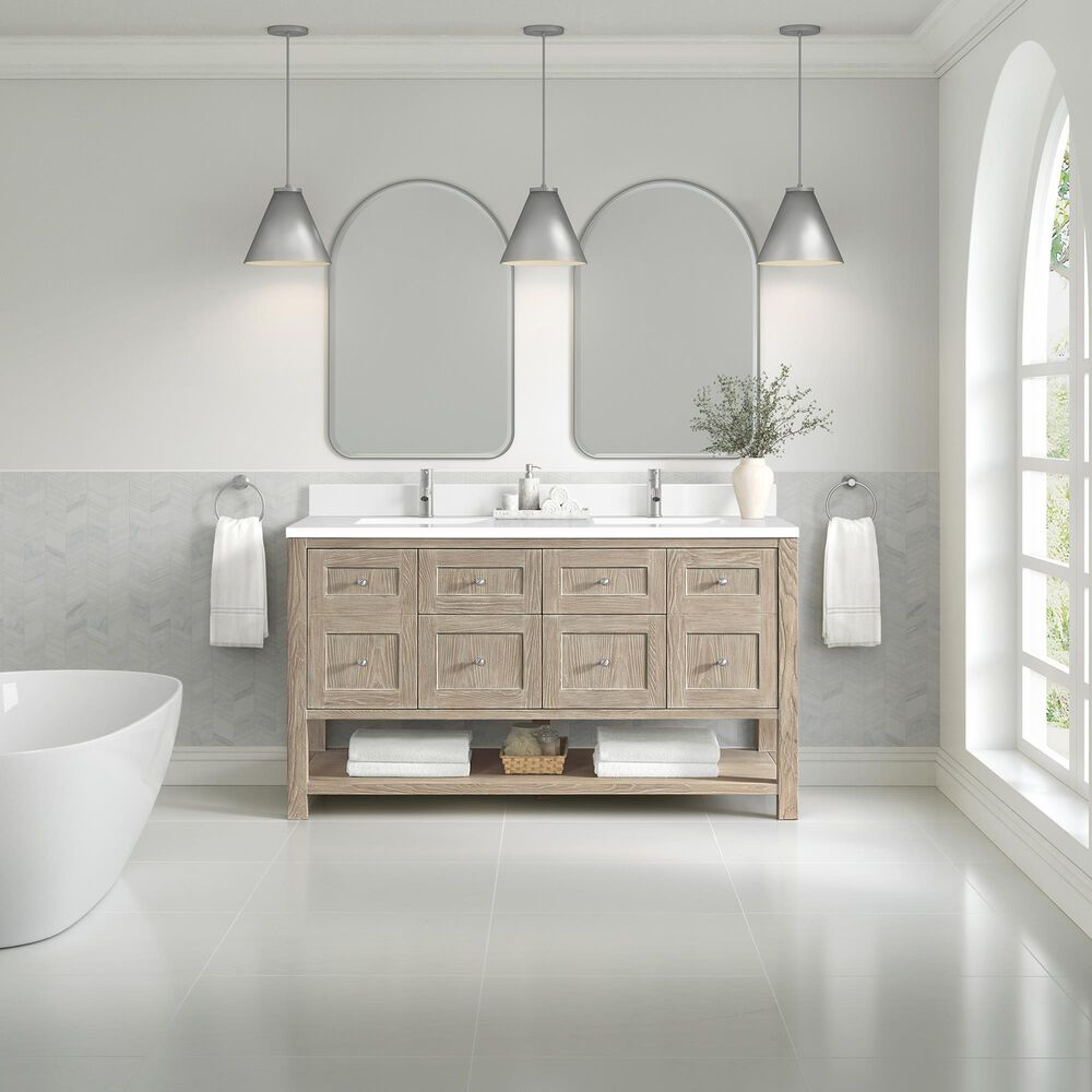 James Martin Vanities Breckenridge 60&quot; Double Bathroom Vanity in Whitewashed Oak with Single Hole 3 cm White Zeus Quartz Top and Rectangular Sinks, , large