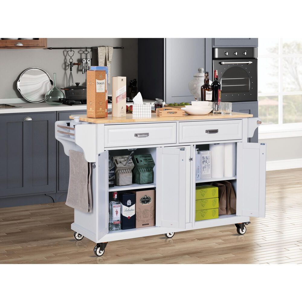 HOMLUX Kitchen Island with Rubber wood Countertop in White, , large