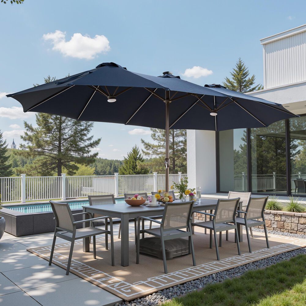 HOMLUX 15' Outdoor Market Umbrella with RGB Lights and Sandbags Base in Navy Blue, , large