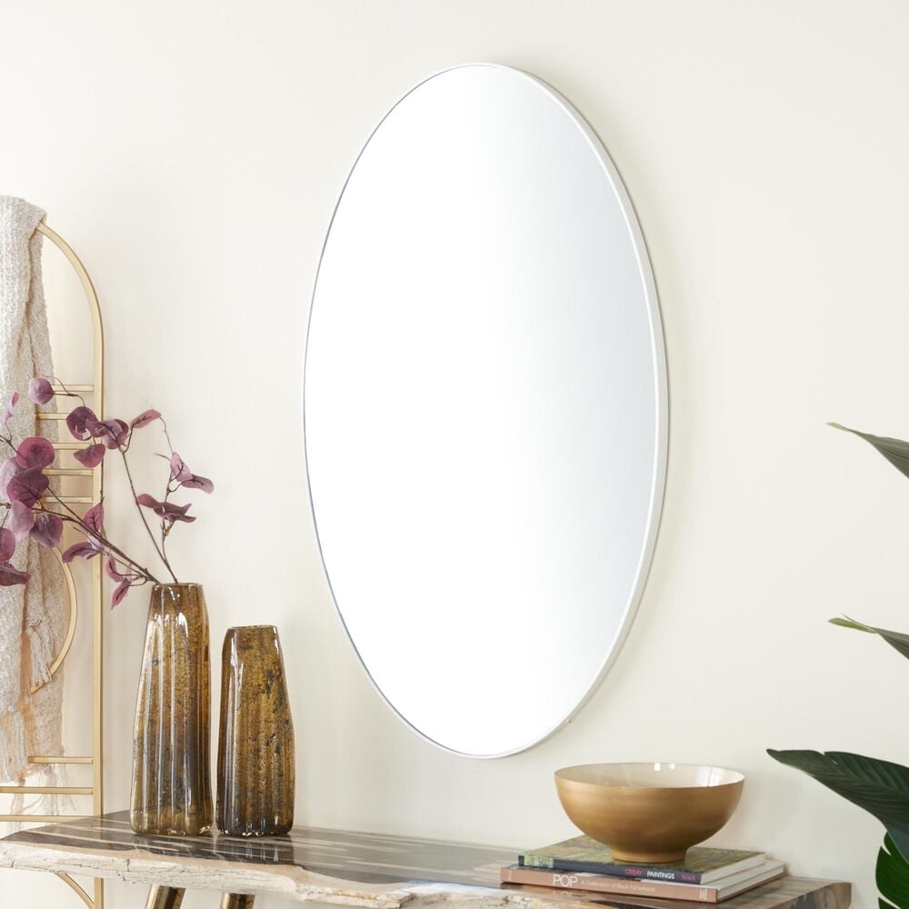 Maple and Jade 24&quot; Oval Wood Wall Mirror with Thin Minimalistic Frame in White, , large