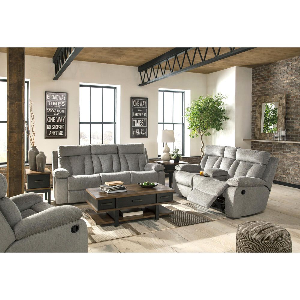 Ashley Mitchiner Manual Recliner Sofa with Drop Down Table in Fog, , large