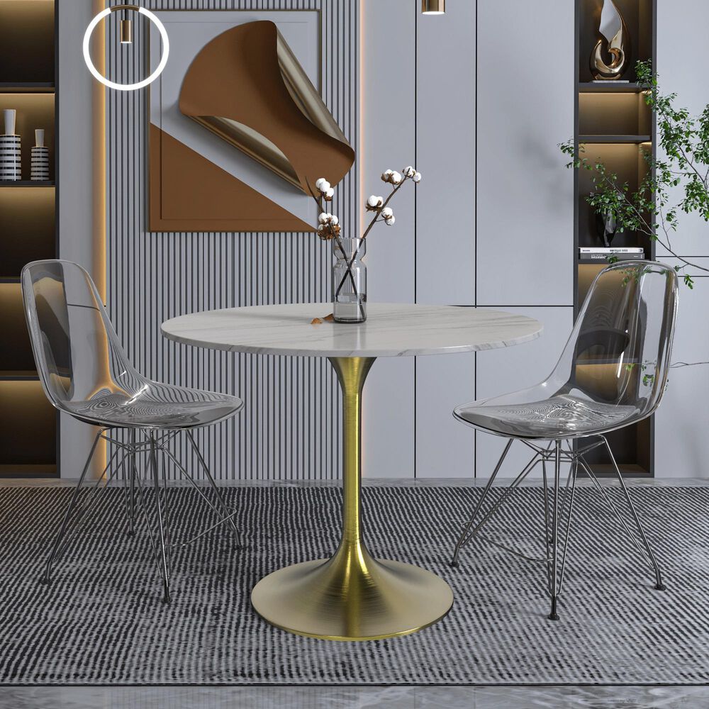Leisuremod LeisureMod Verve Collection 36 Round Dining Table, Brushed Gold Base with Sintered Stone White Top, , large