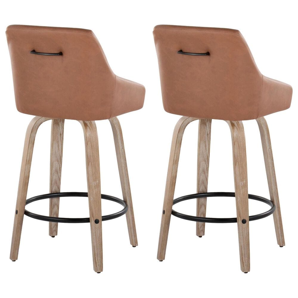 LumiSource Hannah Swivel Counter Stool with Camel Faux Leather Upholstery in Whitewashed and Black (Set of 2), , large
