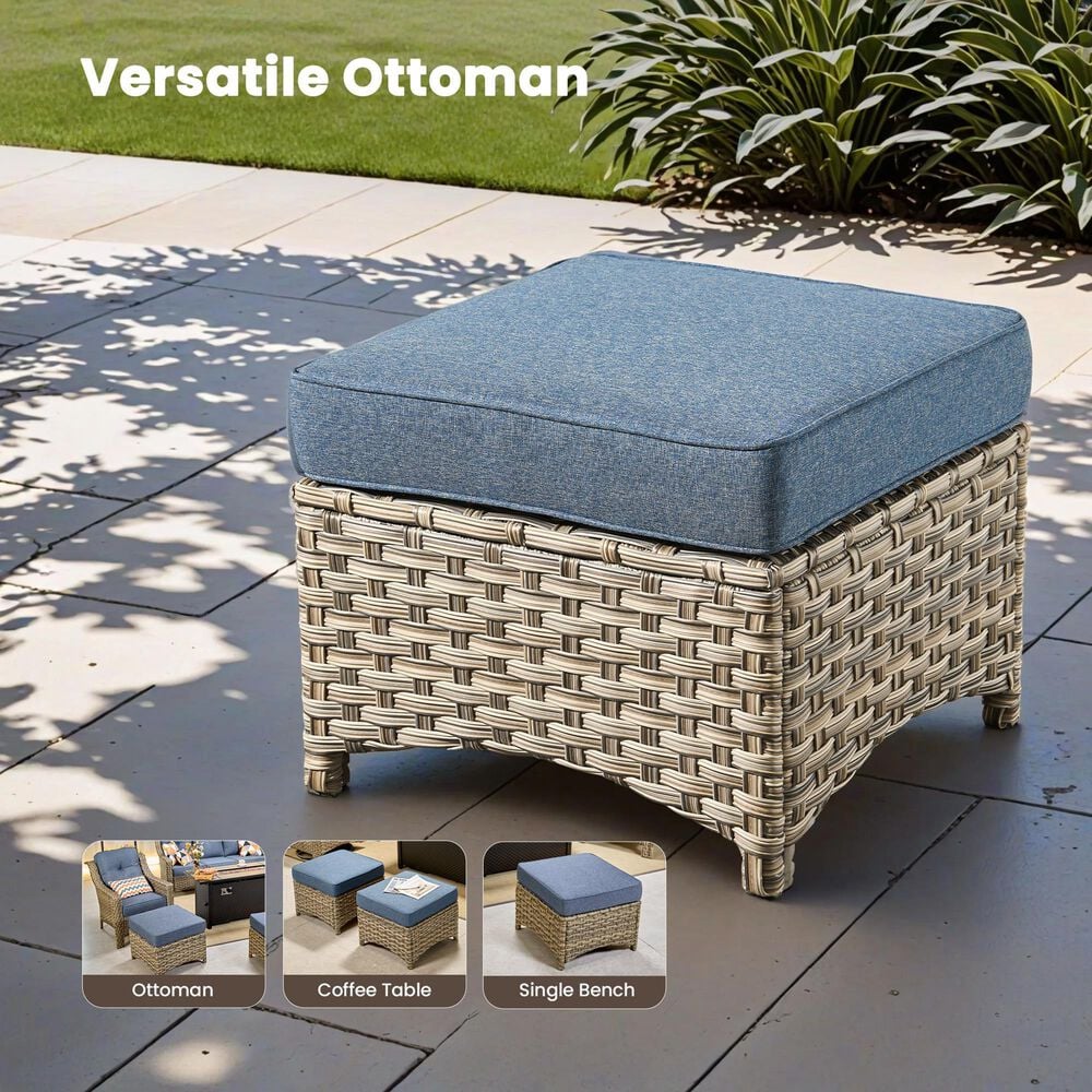 HOMLUX 2-Piece Outdoor Wicker Ottoman Set with Cushion in Denim Blue, , large