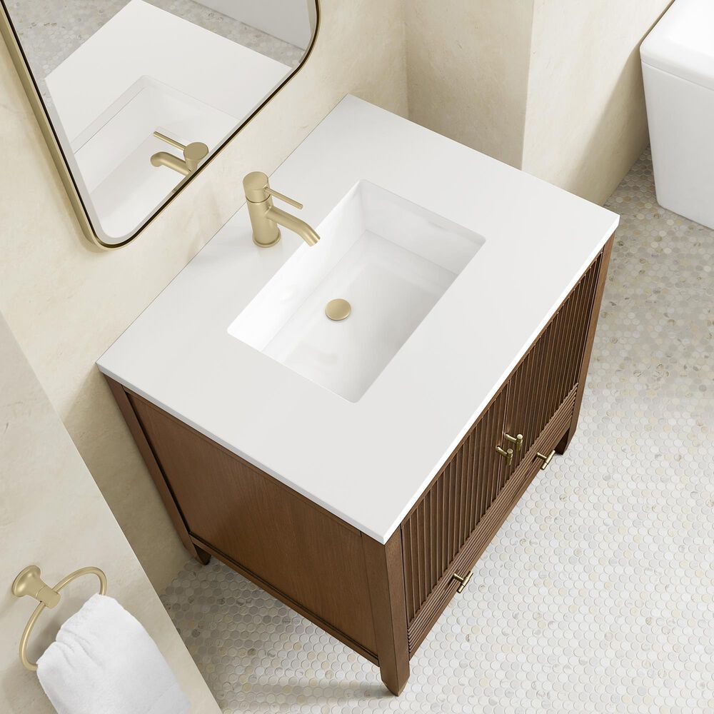 James Martin Myrrin 30" Single Bathroom Vanity in Mid-Century Walnut with Single Hole 3 cm White Zeus Silestone Top and Rectangular Sink, , large