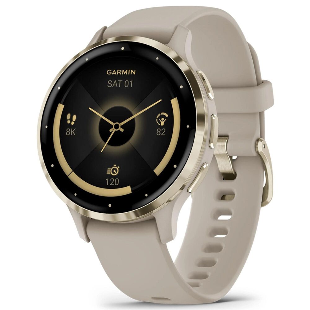 Garmin Venu 3S Smartwatch 41mm Soft Gold Stainless Steel Bezel Case with French Grey Silicone Band, , large