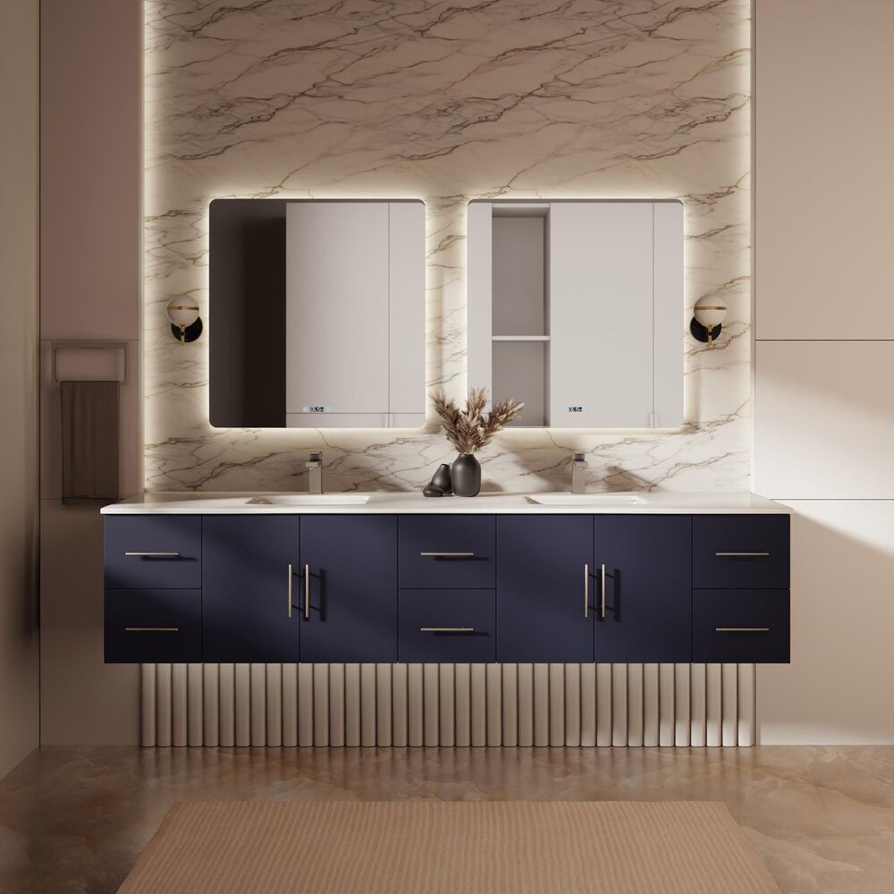 Lexora Home Geneva 84" Double Bathroom Vanity in Navy Blue with 2 cm White Cultured Marble Top and Rectangular Sinks, , large
