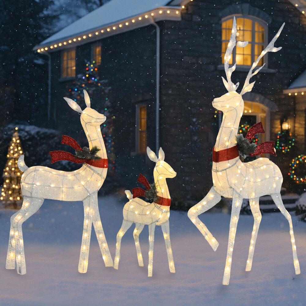 HOMLUX 3-Piece Cotton Rope Reindeer with Warm White LED Lights in White, , large