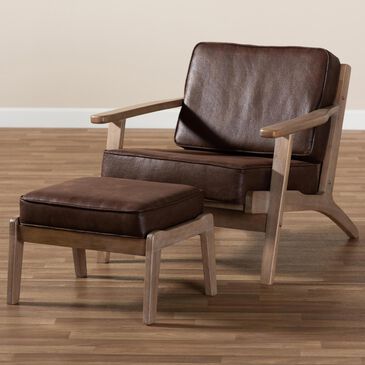 Baxton Studio Sigrid 2-Piece Armchair & Ottoman Set in Dark Brown Leather/Antique Oak, , large