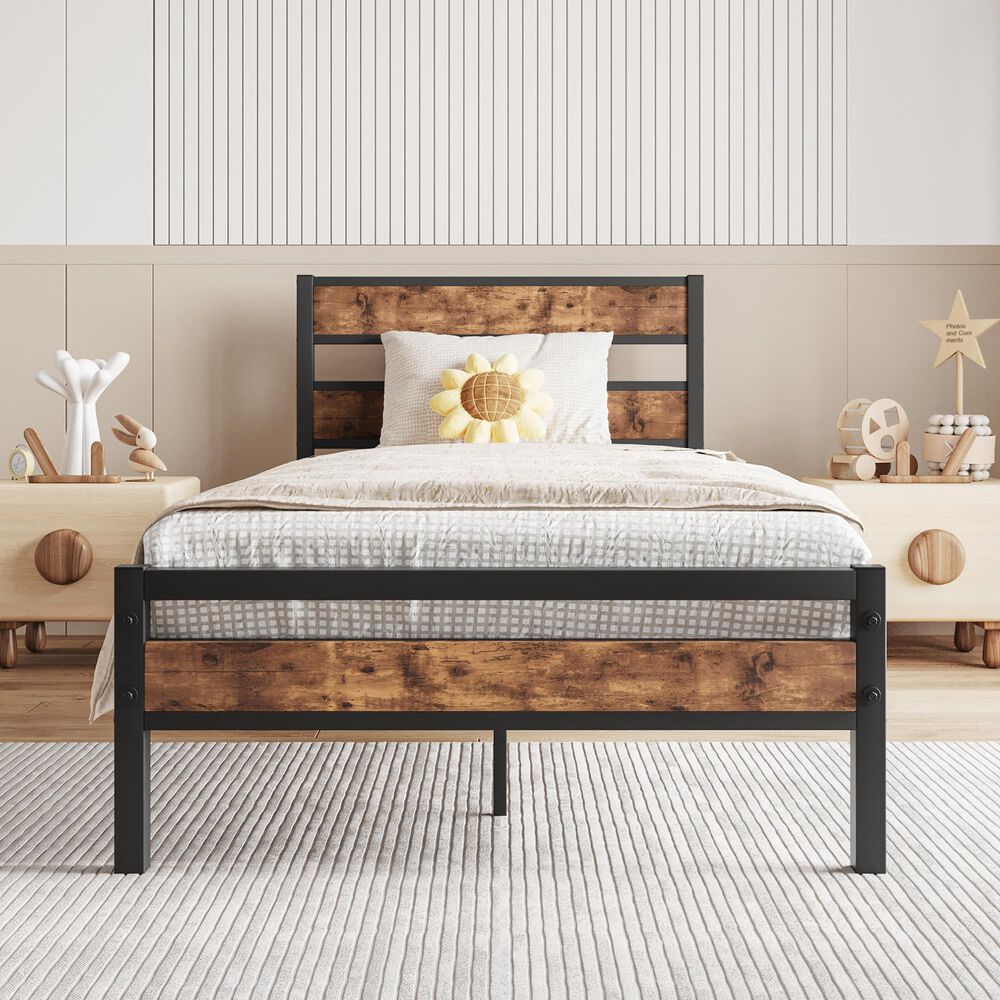 Hearth and Haven Twin Platform Bed with Metal Slats Support in Black and Brown, , large