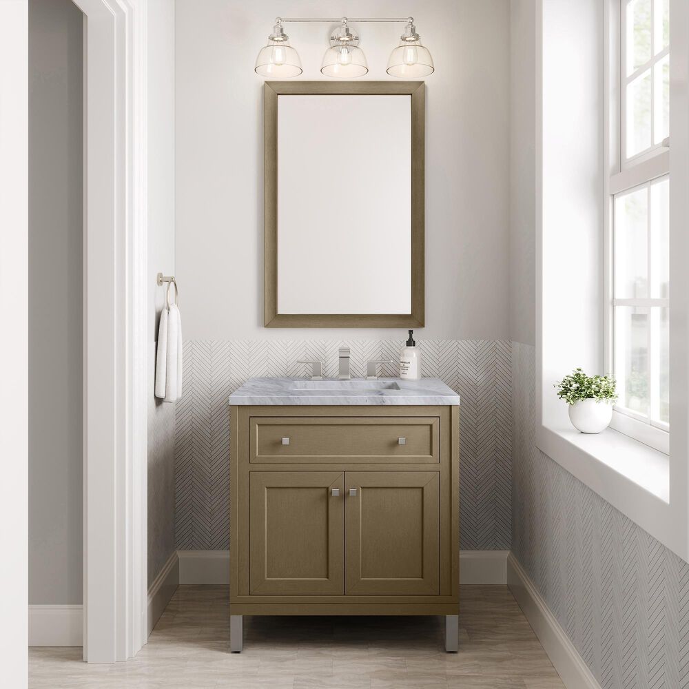James Martin Vanities Chicago 30" Single Bathroom Vanity in Walnut Whisper with 3 cm Carrara White Marble Top and Rectangular Sink, , large