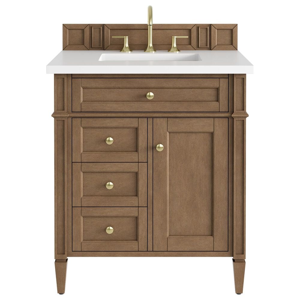 James Martin Brittany 30" Single Bathroom Vanity in Pecan with 3 cm White Zeus Silestone Top and Rectangular Sink, , large