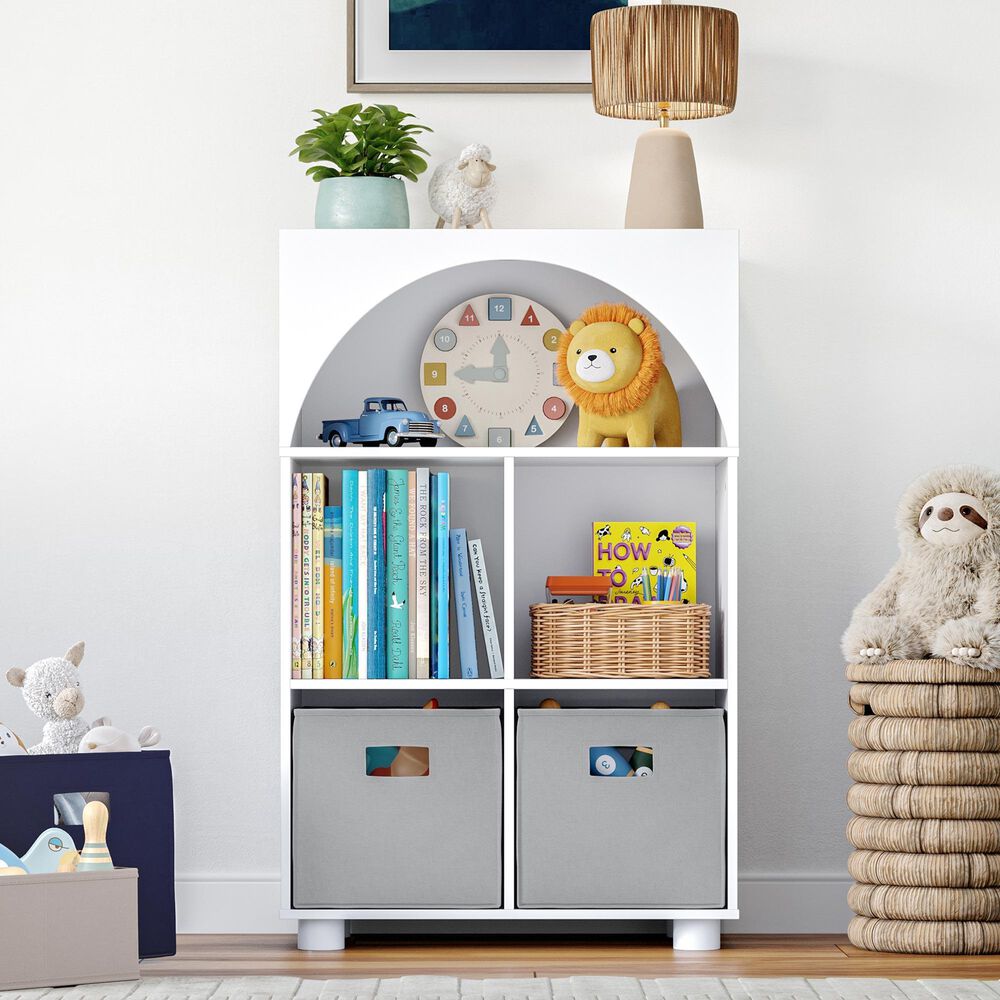 RiverRidge Home Kids Curve Appeal 23" 4-Cubby Bookcase with 2 Gray Bins in White, , large