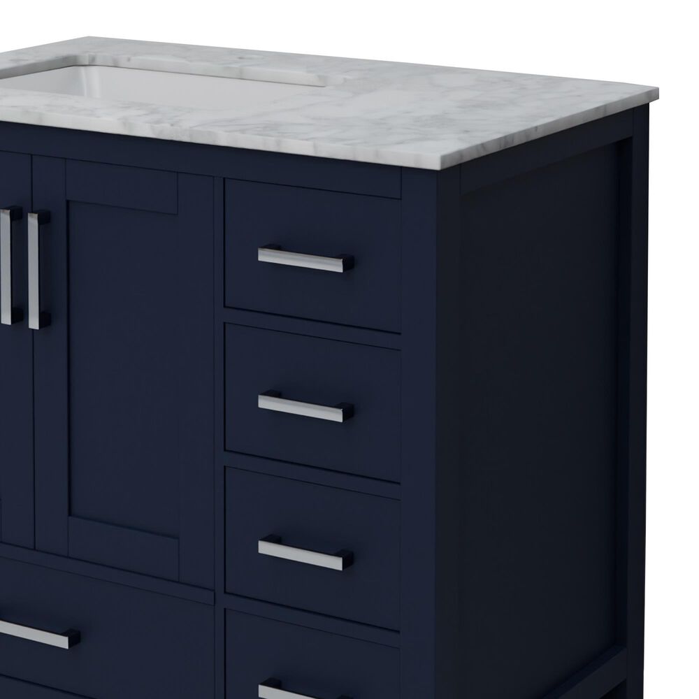 Lexora Home Jacques 36" Left Offset Single Bathroom Vanity in Navy Blue with 2 cm White Carrara Marble Top and Rectangular Sink, , large