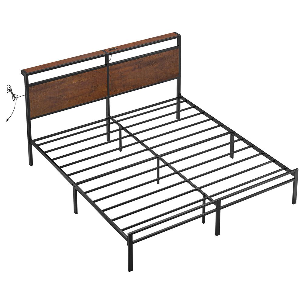 HOMLUX Industrial King Platform Bed with LED Headboard and Charging Station in Rustic Brown, , large