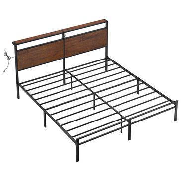 HOMLUX Industrial King Platform Bed with LED Headboard and Charging Station in Rustic Brown, , large
