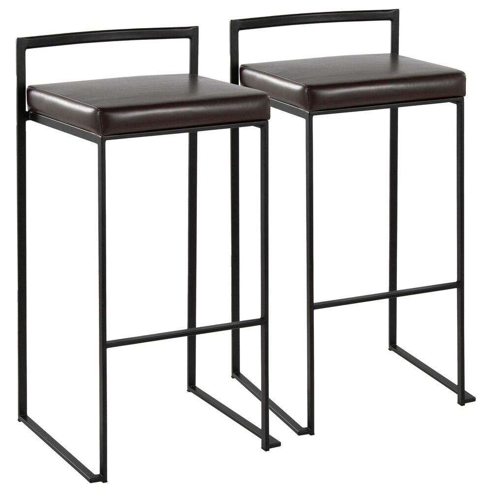 Lumisource Fuji Stackable Barstool with Brown Faux Leather Cushion in Black (Set of 2), , large