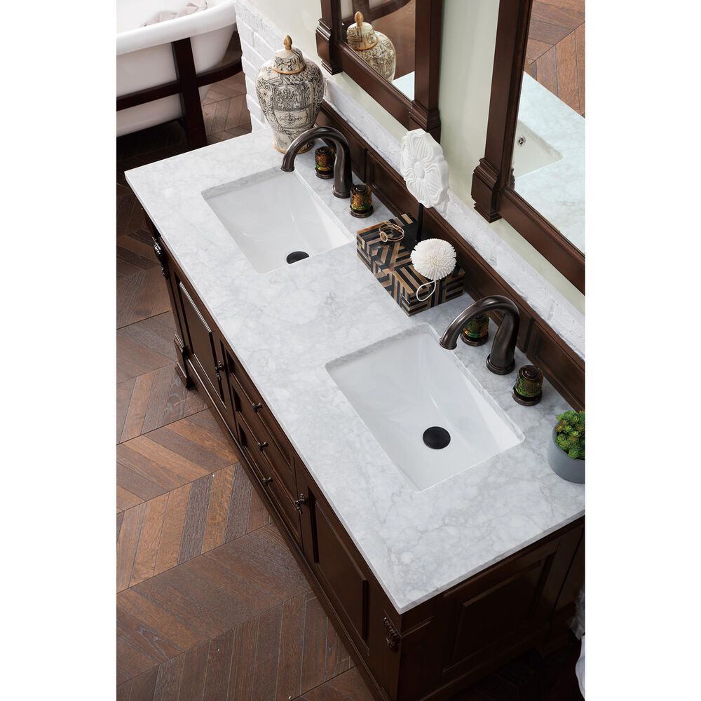 James Martin Vanities Brookfield 60&quot; Double Bathroom Vanity in Burnished Mahogany with 3 cm Carrara White Marble Top and Rectangle Sinks, , large