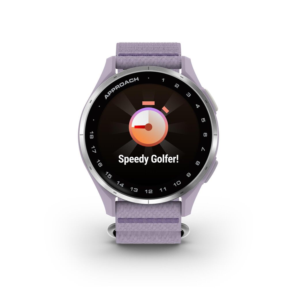 Garmin Approach J1 43mm Junior Golf GPS Smartwatch in Silver Aluminum Bezel with Lilac ComfortFit Fabric Band, , large
