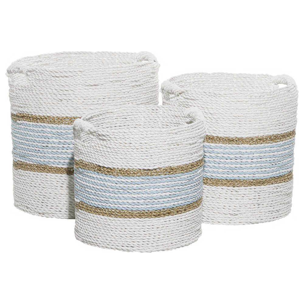 Maple and Jade Coastal Storage Handmade Basket in White, Blue and Gold (Set of 3), , large