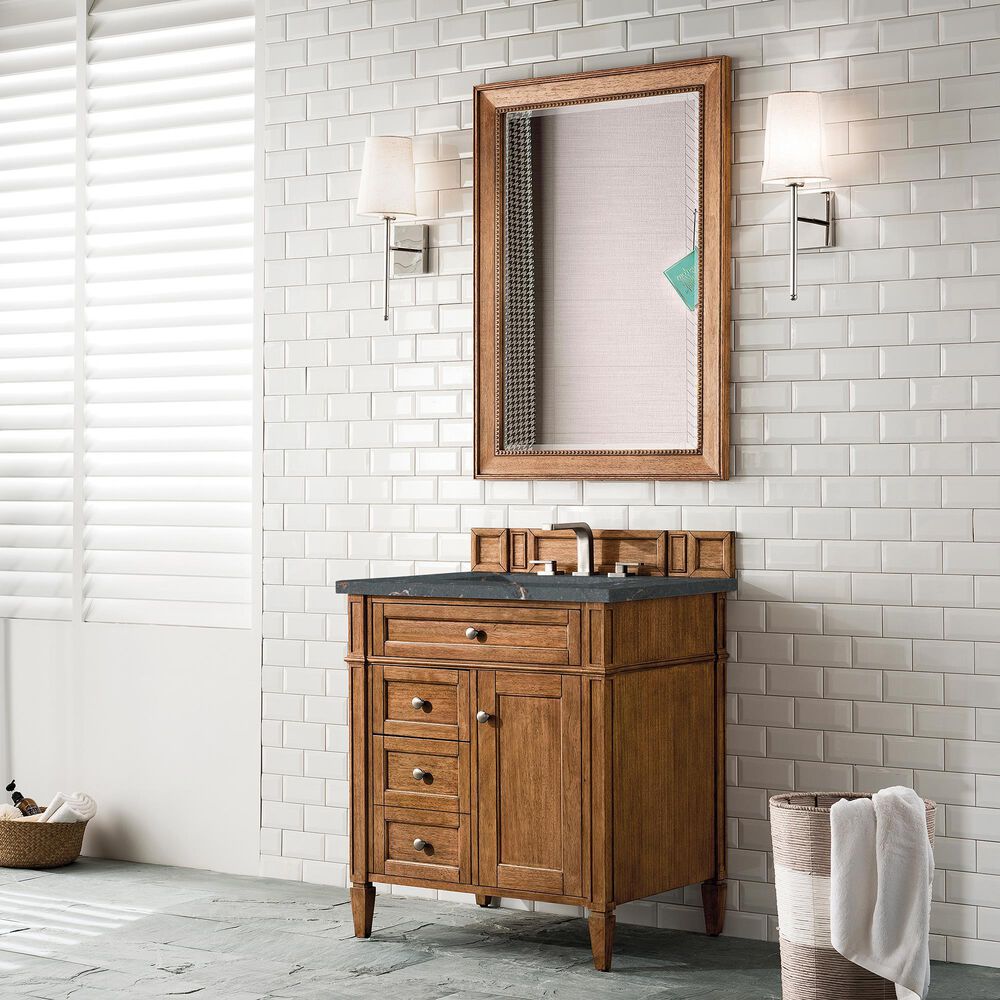 James Martin Vanities Brittany 30&quot; Single Bathroom Vanity in Saddle Brown with 3 cm Parisien Bleu Quartz Top and Rectangular Sink, , large