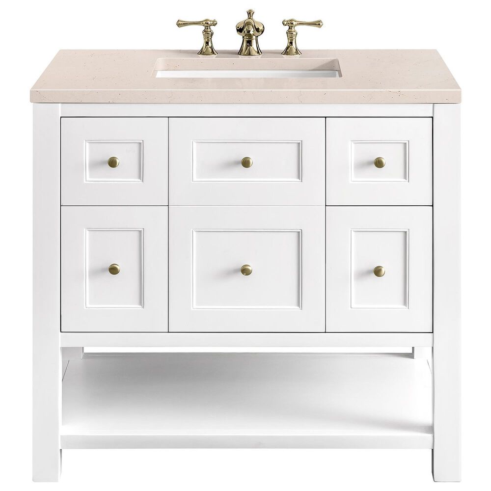 James Martin Vanities Breckenridge 36" Single Bathroom Vanity in Bright White with 3 cm Eternal Marfil Quartz Top and Rectangular Sink, , large