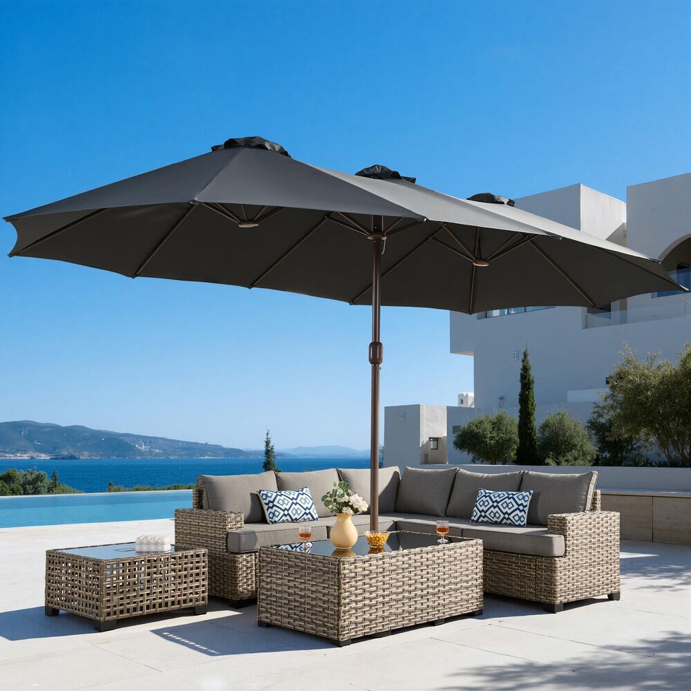 big square patio umbrella cafe GREEN PARTY 13ft Outdoor with Solar Lights, 120 LED 12-Mode Large Double Sided Rectangular Table Umbrella, Heavy Duty Triple-Head Shade for Backyard Deck & Poolside, Navy Blue(No Base) resistant materials Balboa Extra Large Umbrellas