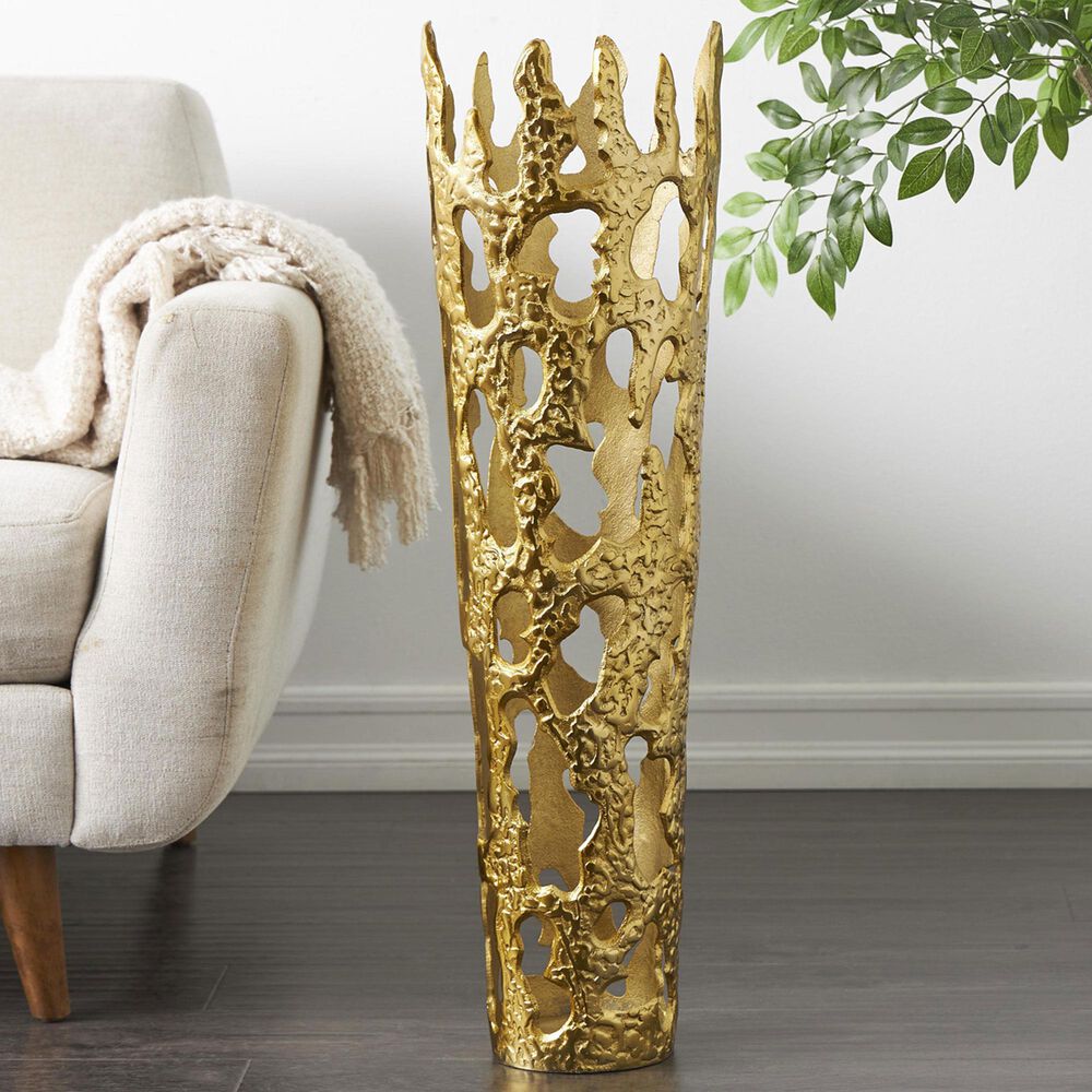Maple and Jade 9&quot; Abstract Drip Decorative Vase with Melting Designed Body in Satin Gold, , large