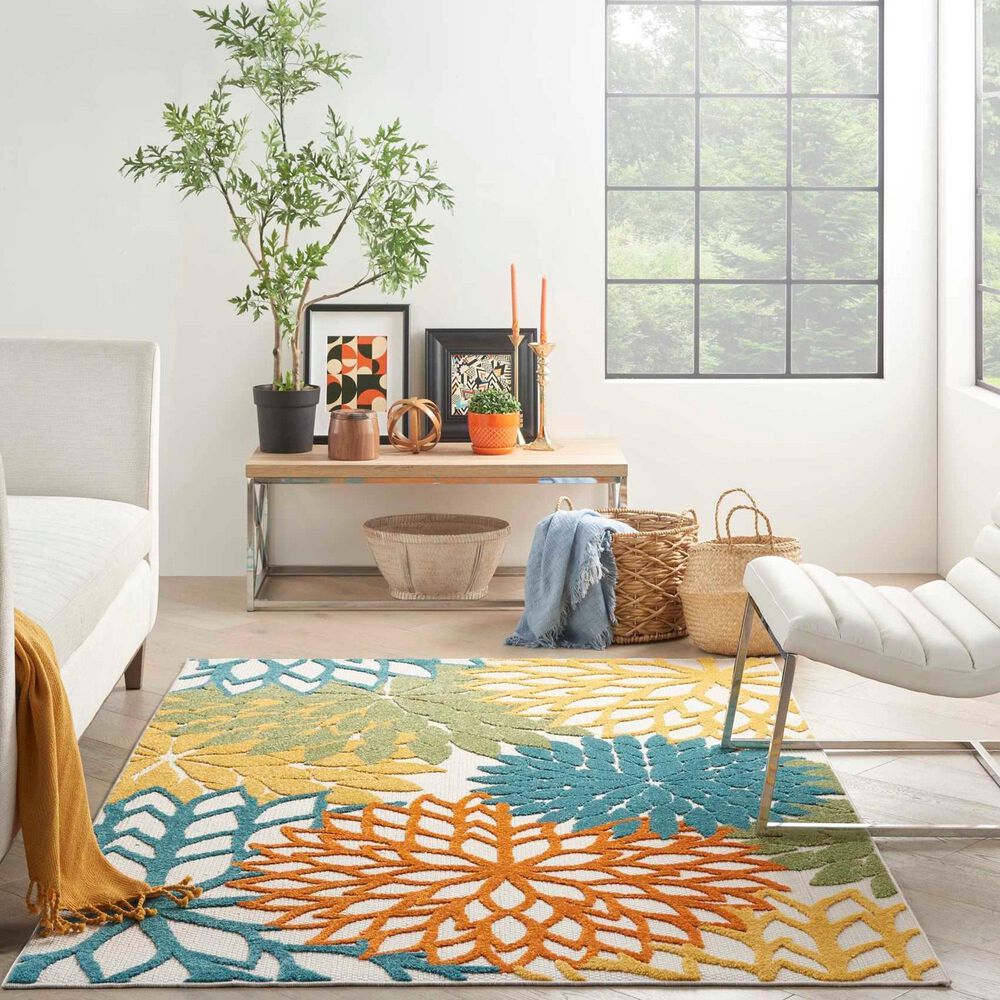 Nourison Aloha 5&#39;3&quot; x 7&#39;5&quot; Turquoise and Multicolor Indoor/Outdoor Area Rug, , large