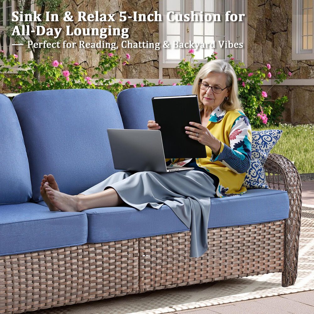 Hearth and Haven Outdoor Sofa with T-back Cushions and Brown Wicker in Blue, , large