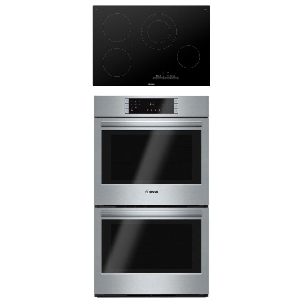 Bosch 800 Series 2-Piece Kitchen Package with Stainless Steel 9.2 Cu. Ft. Double Wall Oven and Black 30" Electric Cooktop, , large