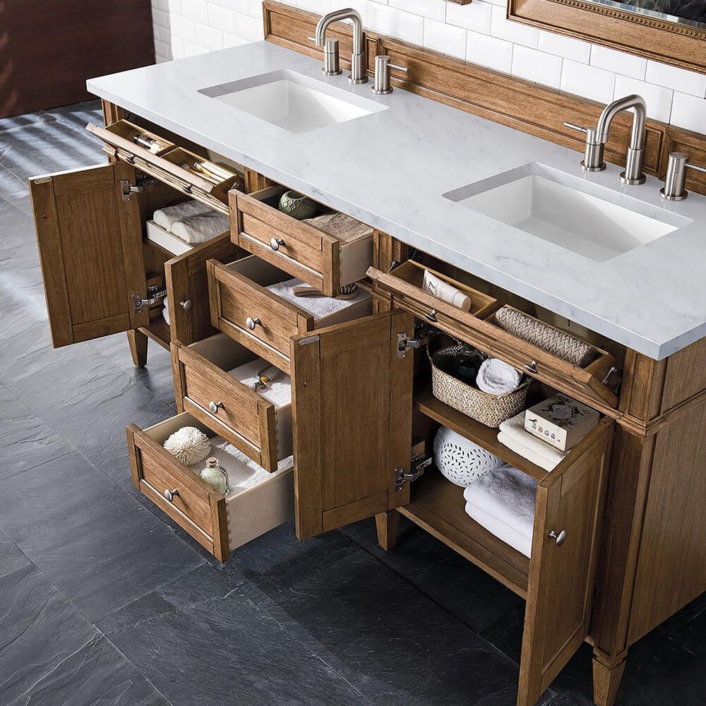 James Martin Vanities Brittany 72&quot; Double Bathroom Vanity in Saddle Brown with 3 cm Arctic Fall Solid Surface Top and Rectangular Sink, , large