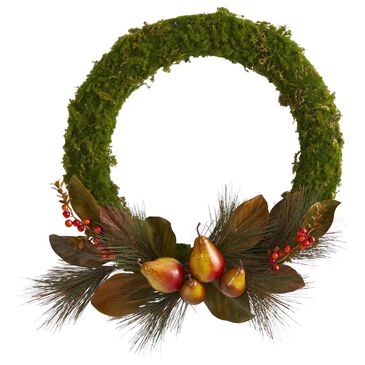 Nearly Natural Inc 22" Pear, Magnolia and Moss Artificial Wreath, , large