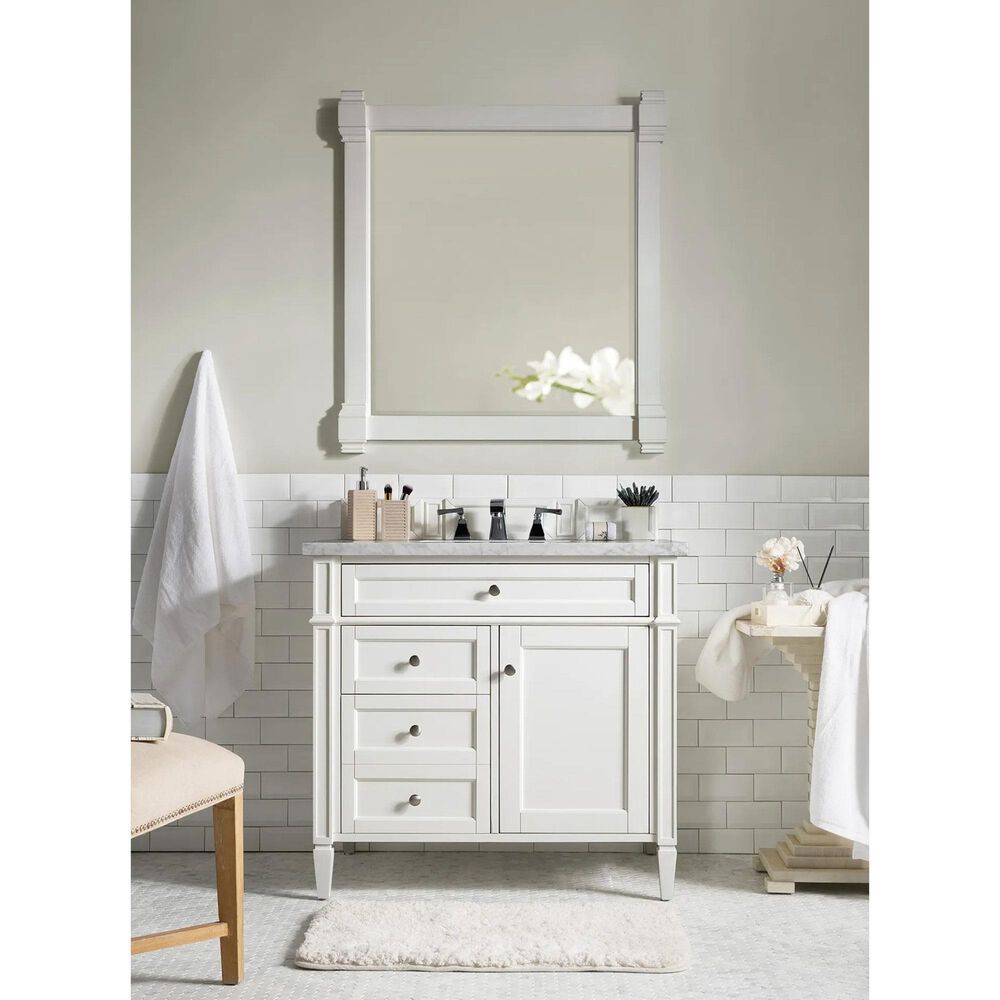 James Martin Vanities Brittany 36&quot; Single Bathroom Vanity in Bright White with 3 cm Carrara White Marble Top and Rectangle Sink, , large