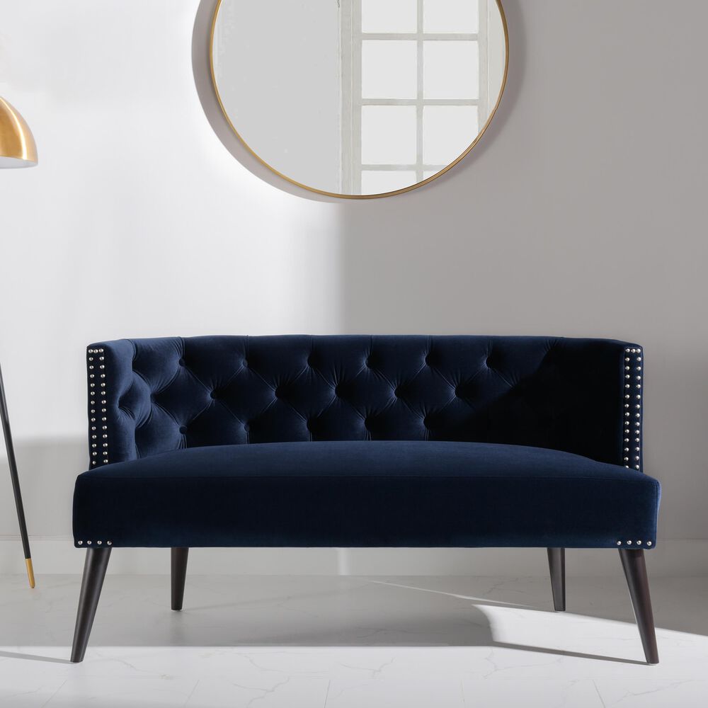 Jennifer Taylor Home Celine Tufted Settee Nailhead Accents in Dark Navy