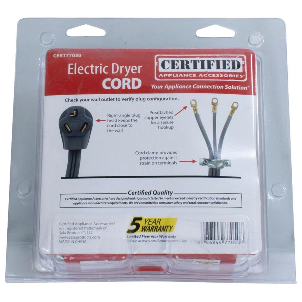 Certified Appliance Accessories 3-Prong Dryer Cord &#40;30-Amp&#41; - 4 Ft., , large