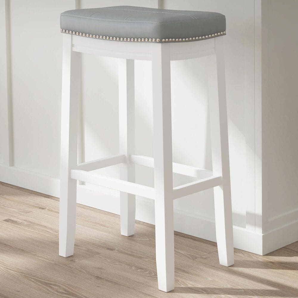 Linon Home Decor Claridge Bar Stool with Light Grey Cushion in White, , large