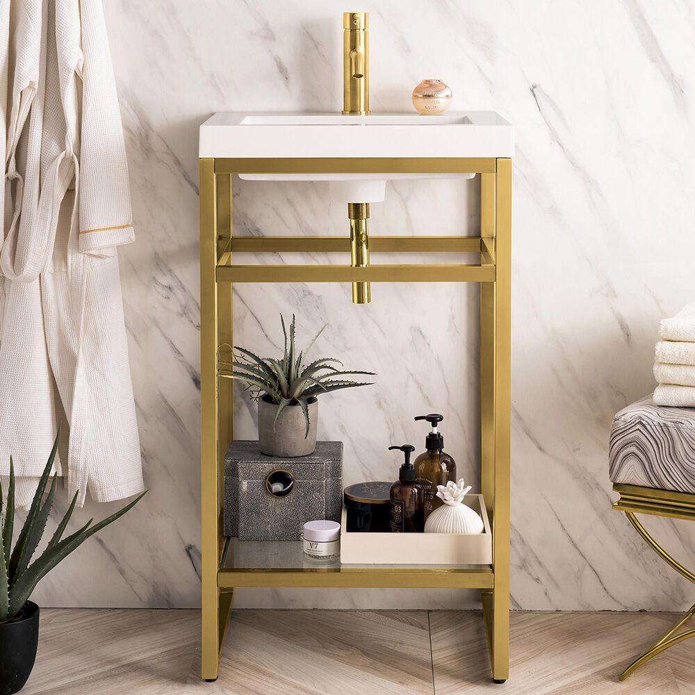 James Martin Vanities Boston 20&quot; Single Bathroom Vanity in Radiant Gold with 3 cm White Glossy Resin Countertop and Rectangular Sink, , large
