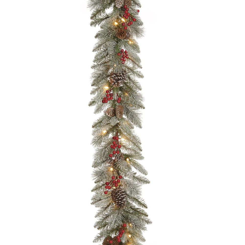National Tree 9" Snowy Bristle Berry Garland with White Lights, , large