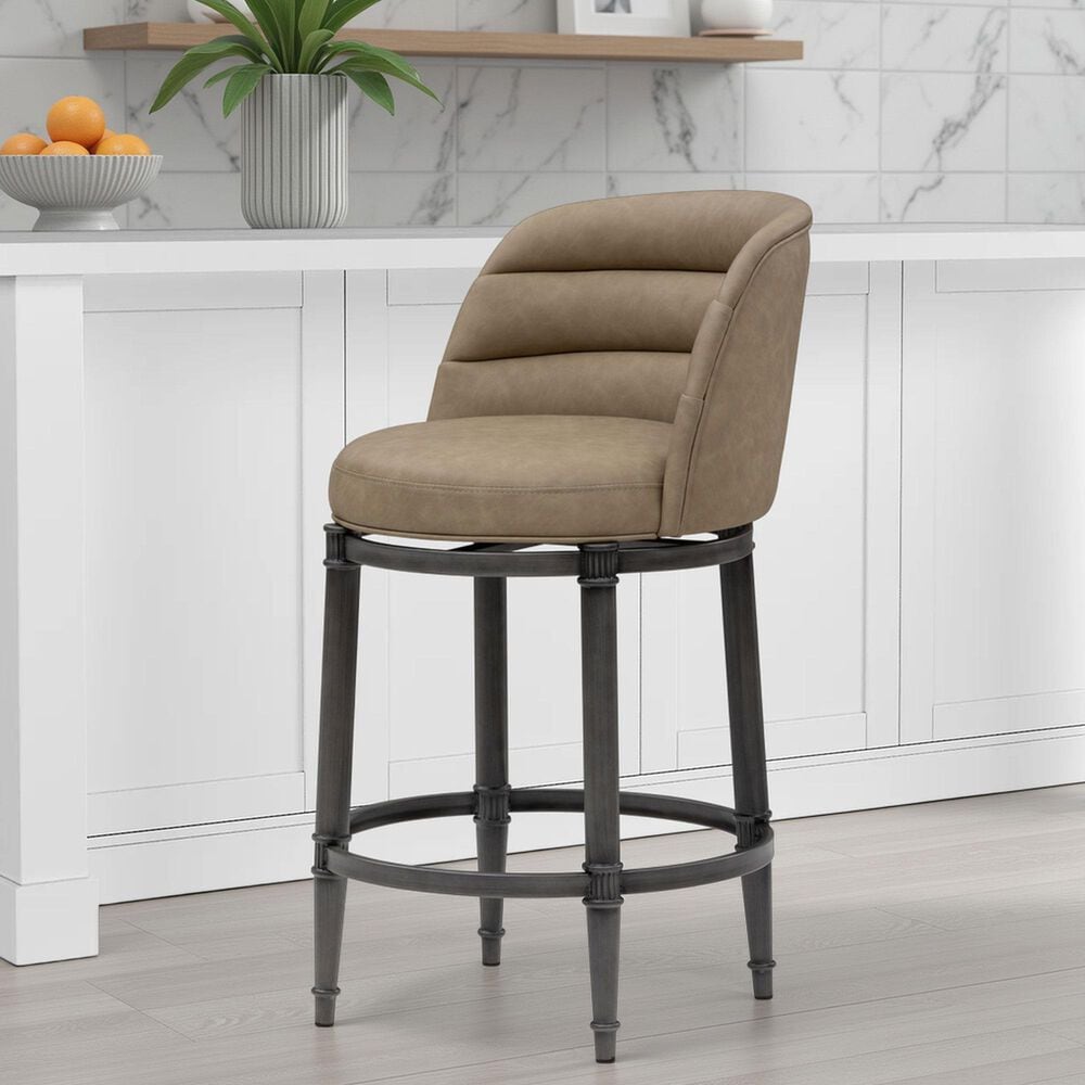 Armen Living Eunice Swivel Counter Height Stool with Mushroom Brown Upholstery in Antique Pewter, , large