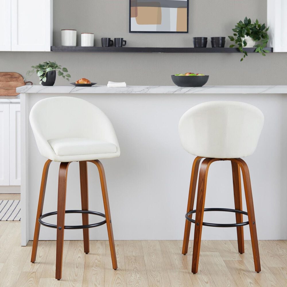 LumiSource Matisse 30" Swivel Barstool with Cream Fabric Upholstery in Walnut and Black (Set of 2), , large