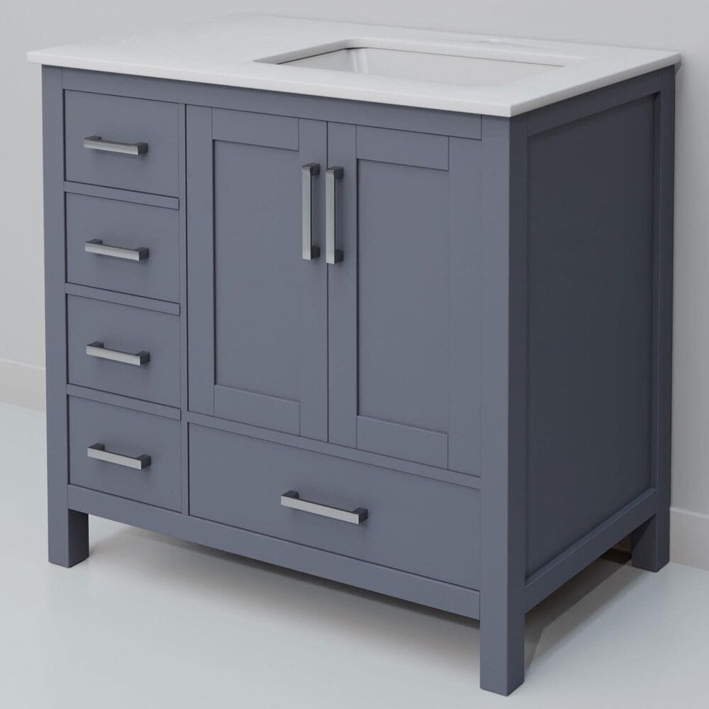 Lexora Home Jacques 36" Right Offset Single Bathroom Vanity in Dark Grey with 2 cm White Quartz Top and Rectangular Sink, , large