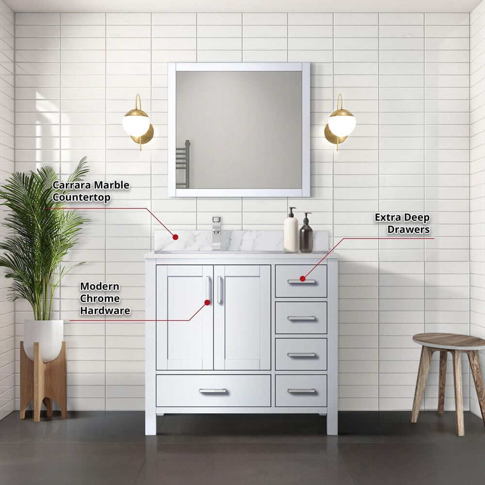 Lexora Home Jacques 36&quot; Left Offset Single Bathroom Vanity in White with 2 cm White Carrara Marble Top and Rectangular Sink, , large