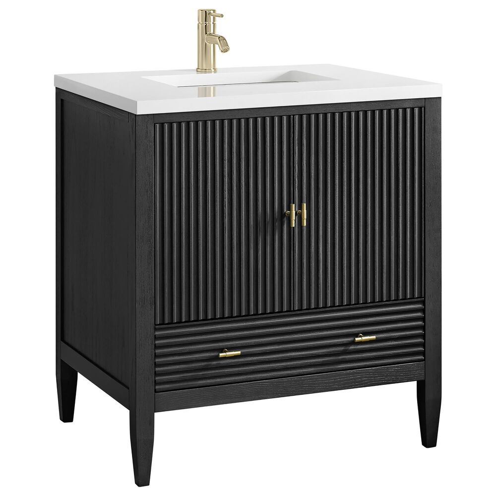 James Martin Myrrin 30" Single Bathroom Vanity in Carbon Oak with Single Hole 3 cm White Zeus Silestone Top and Rectangular Sink, , large